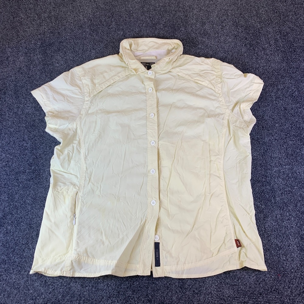 REI Button Up Shirt Womens XL Beige Good Short Sleeve Nylon Hiking UPF 30+